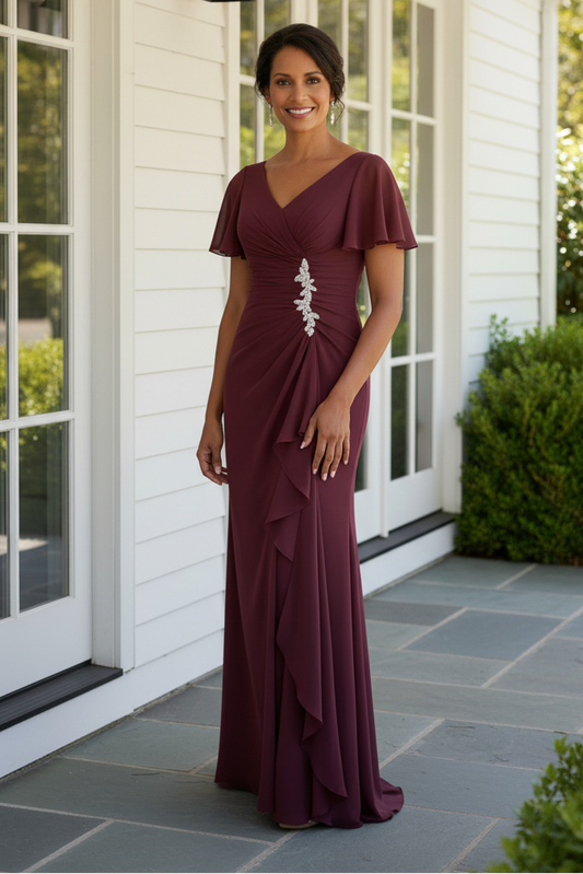 Ruched Flutter Sleeve Evening Gown with High Slit