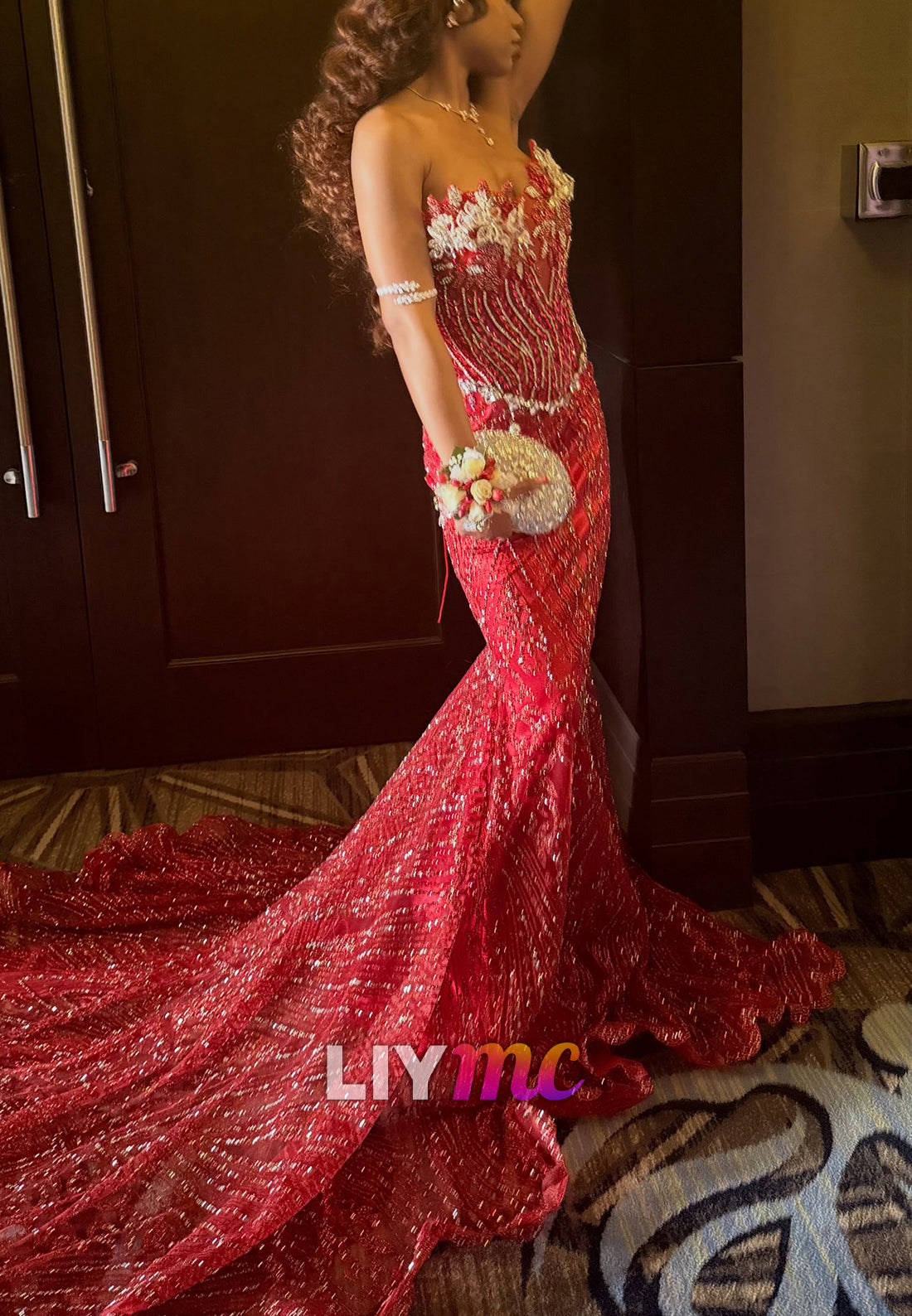 Sequin Mermaid Gown with Crystal Bodice & Train