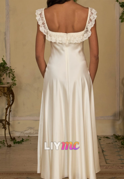 Lace-Trim Neckline Ankle-Length Satin Dress