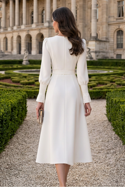 V-Neck Midi Dress with Embellished Trim & Belt