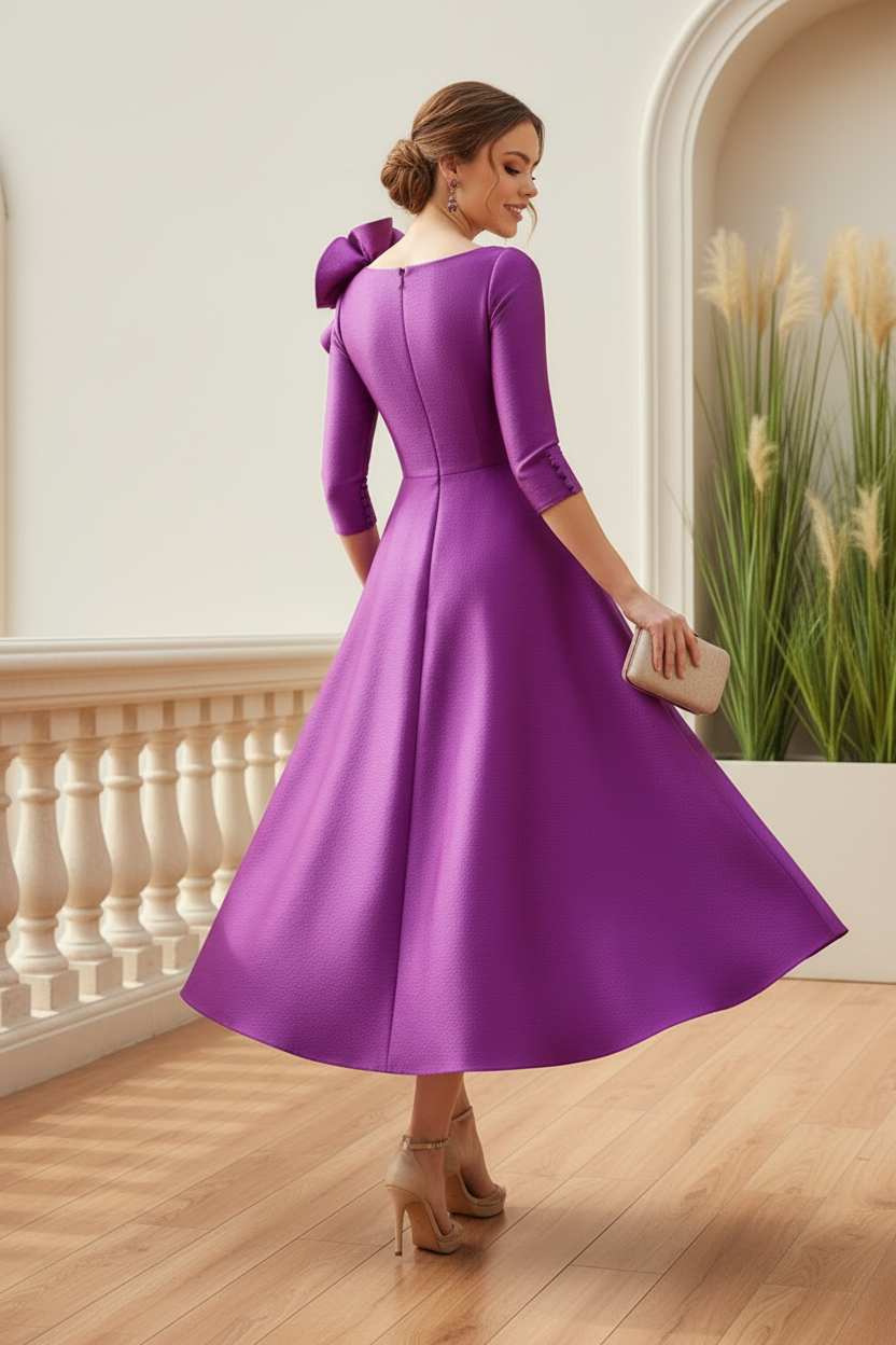 Ruffle Shoulder Tea-Length A-Line Dress