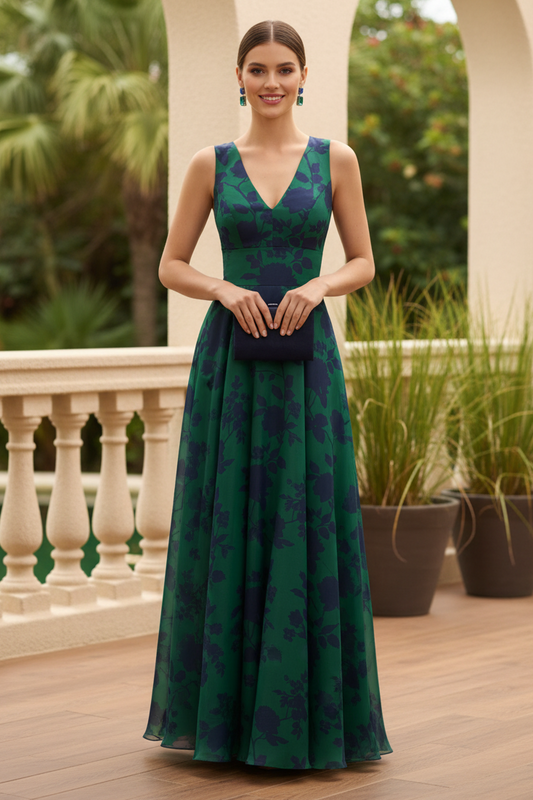 Floral V-Neck Sleeveless A-Line Gown