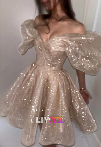 Glitter Off-the-Shoulder Puff Sleeve Mini Dress