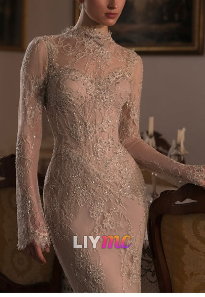 Lace Illusion High Neck Mermaid Gown