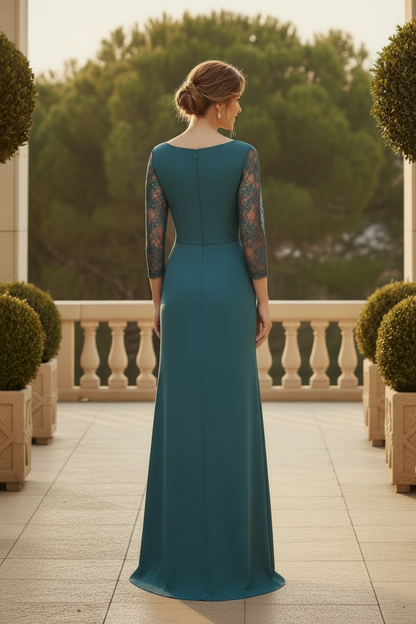 Sheath Evening Gown with Lace 3/4 Sleeves & Square Neck