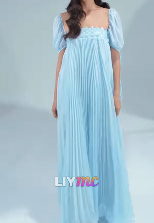 Pleated Empire Maxi Dress with Puff Sleeves