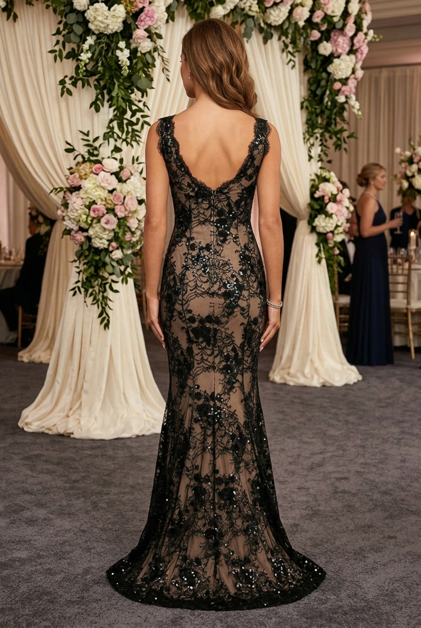 Sequin Lace Trumpet Evening Gown with Scalloped V-Neck