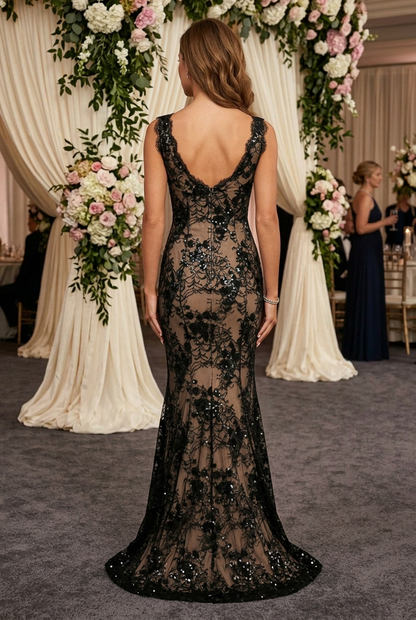 Sequin Lace Trumpet Evening Gown with Scalloped V-Neck