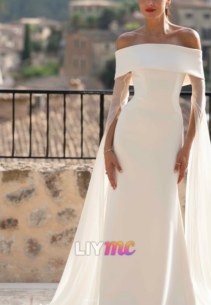 Off-the-Shoulder Sheath Wedding Dress with Cape Sleeves