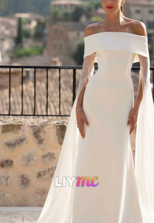 Off-the-Shoulder Sheath Wedding Dress with Cape Sleeves
