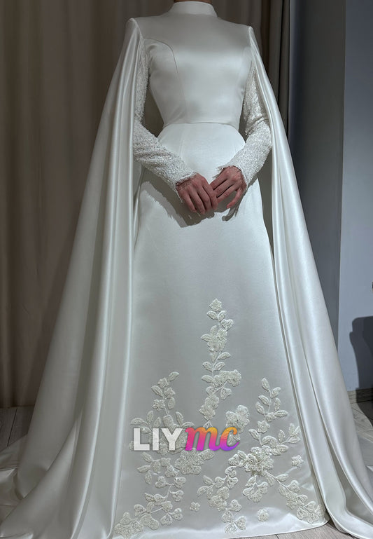 High Neck Satin Wedding Dress with Cape