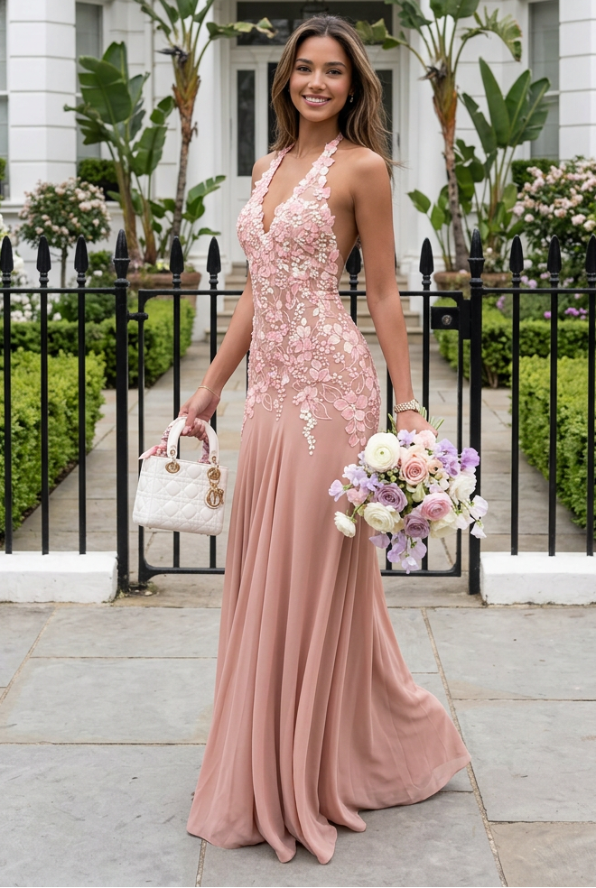 Floral Applique Halter Open Back Maxi Gown