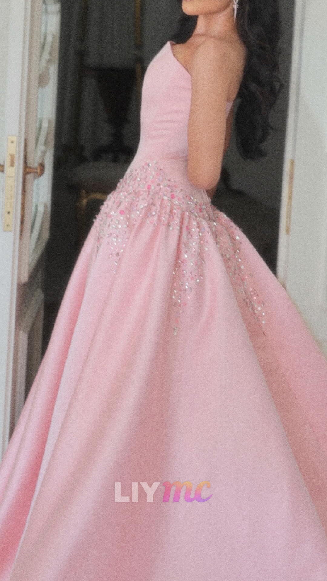 Strapless Beaded Waist Satin Ball Gown