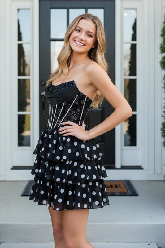 Corset Polka Dot Tiered Ruffle Mini Party Dress