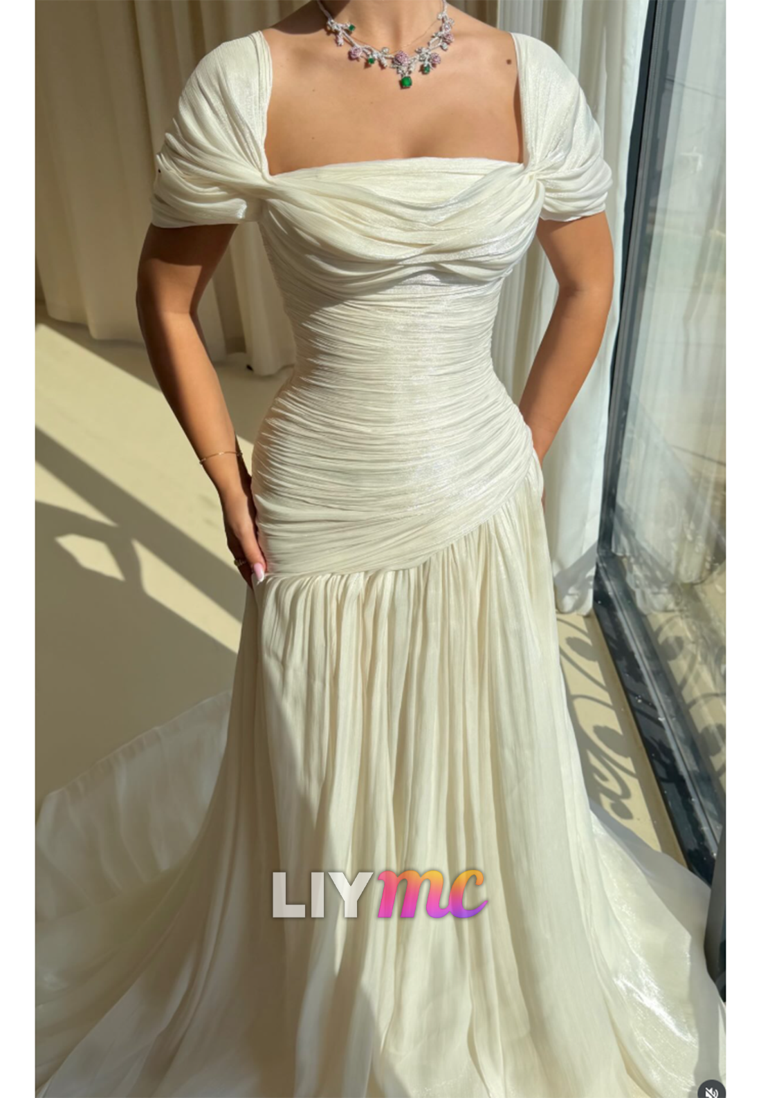 Ruched Drop-Waist Gown with Draped Cap Sleeves