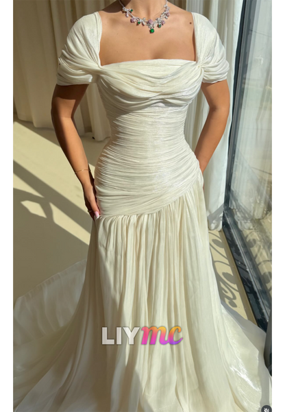 Ruched Drop-Waist Gown with Draped Cap Sleeves