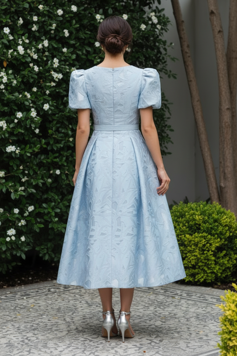Puff Sleeve Jacquard Midi Dress