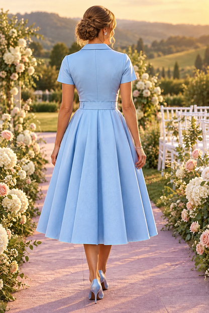Short Sleeve Collared Belted A-Line Midi Dress