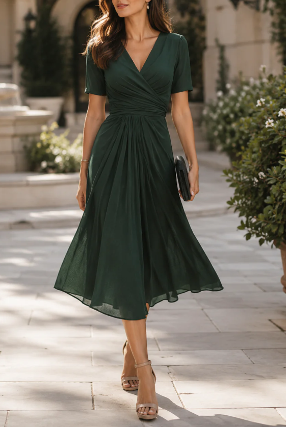 Pleated Wrap-Front Chiffon Midi Dress