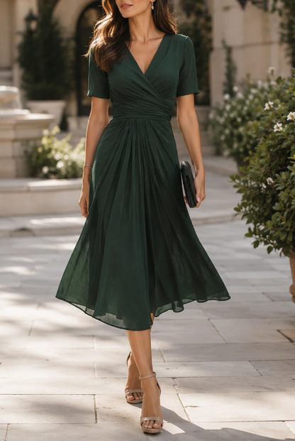 Pleated Wrap-Front Chiffon Midi Dress