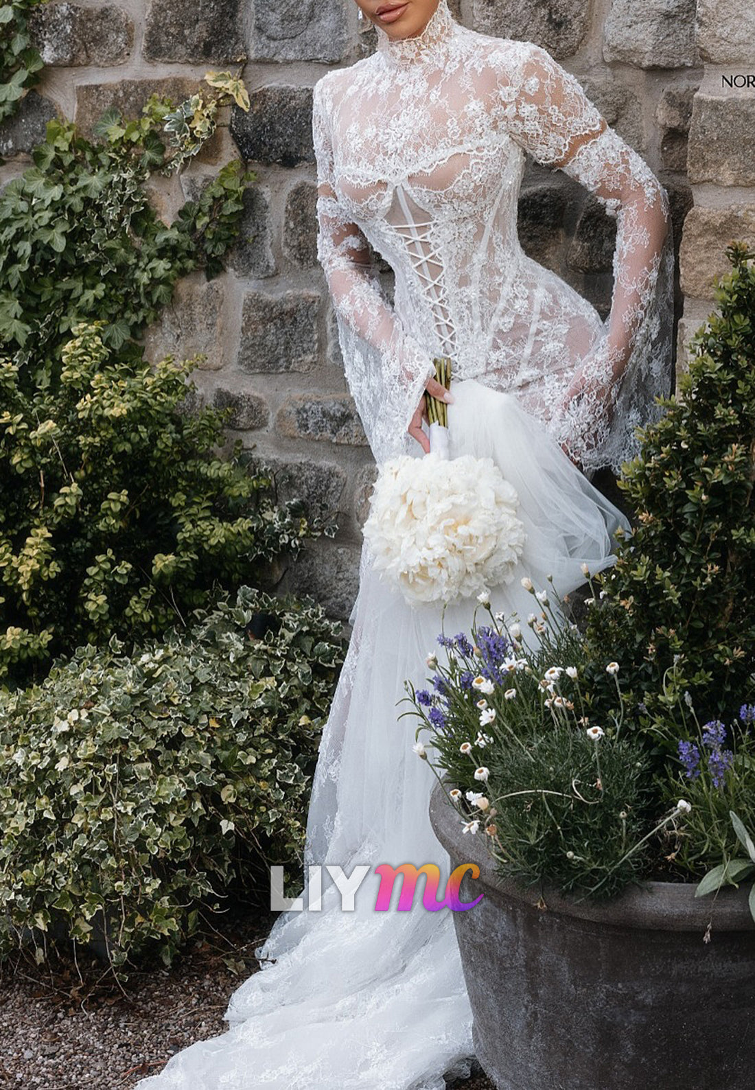 Illusion Lace Long Sleeve Mermaid Wedding Dress with Train