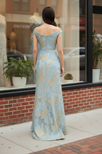 Off-the-Shoulder Metallic Jacquard A-Line Evening Gown
