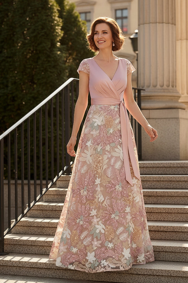Elegant Embroidered A-Line Evening Gown with Sash