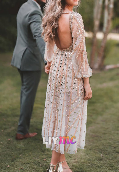 Sequin Embellished Deep V-Neck Midi Dress with Long Sleeves