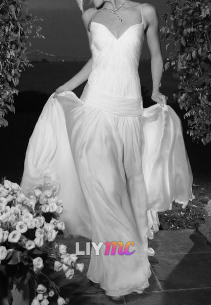 Pleated Bodice Spaghetti Strap Wedding Dress