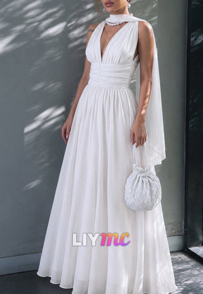 Plunging V-Neck Chiffon A-Line Bridal Gown with Cape