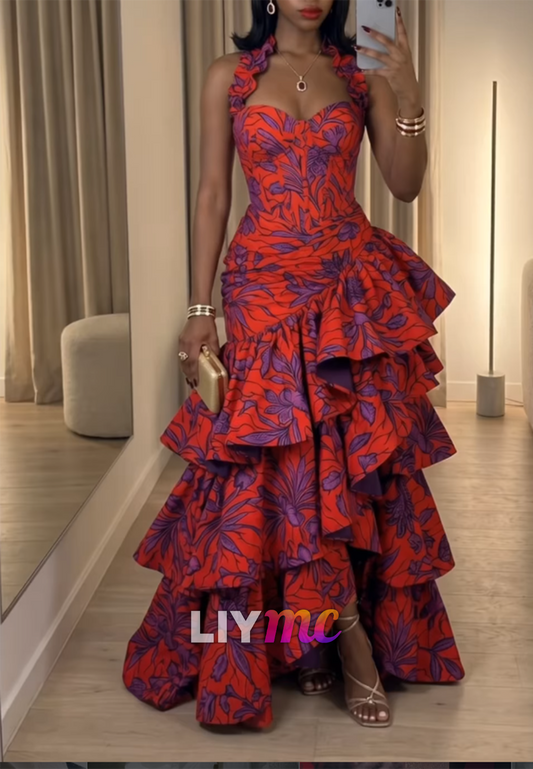 Floral Halter Corset High-Low Tiered Evening Dress