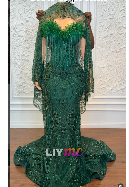 Beaded Fringe Capelet Mermaid Evening Dress