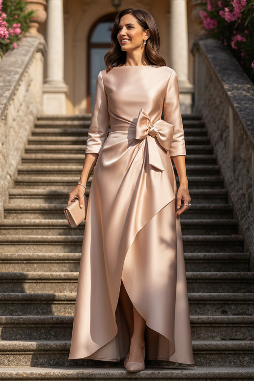Satin Bateau Neck 3/4 Sleeve High-Low Evening Dress