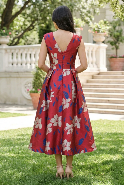 Floral Brocade V-Neck A-Line Midi Dress