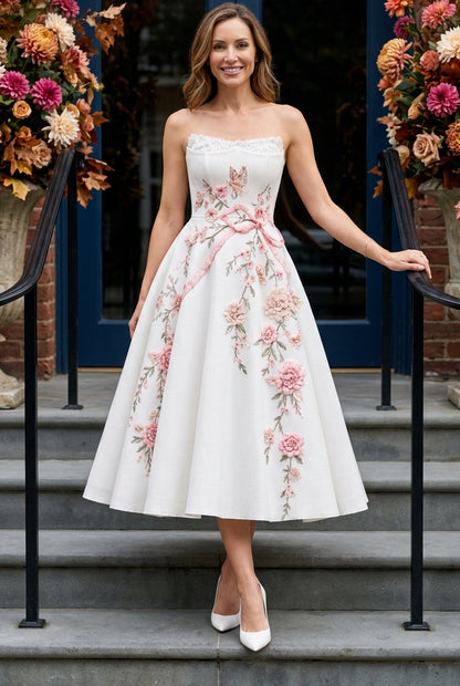 Strapless Floral Embroidered Tea-Length Dress