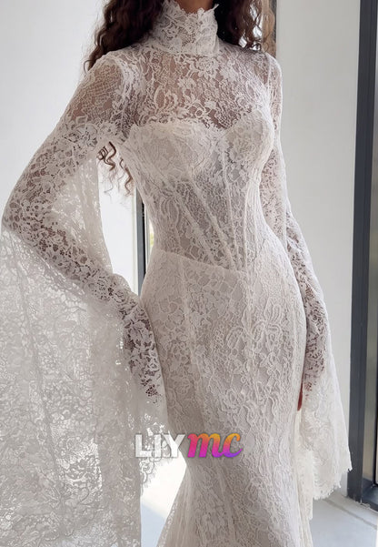 Long-Sleeve Lace Mermaid Wedding Gown, High Neckline