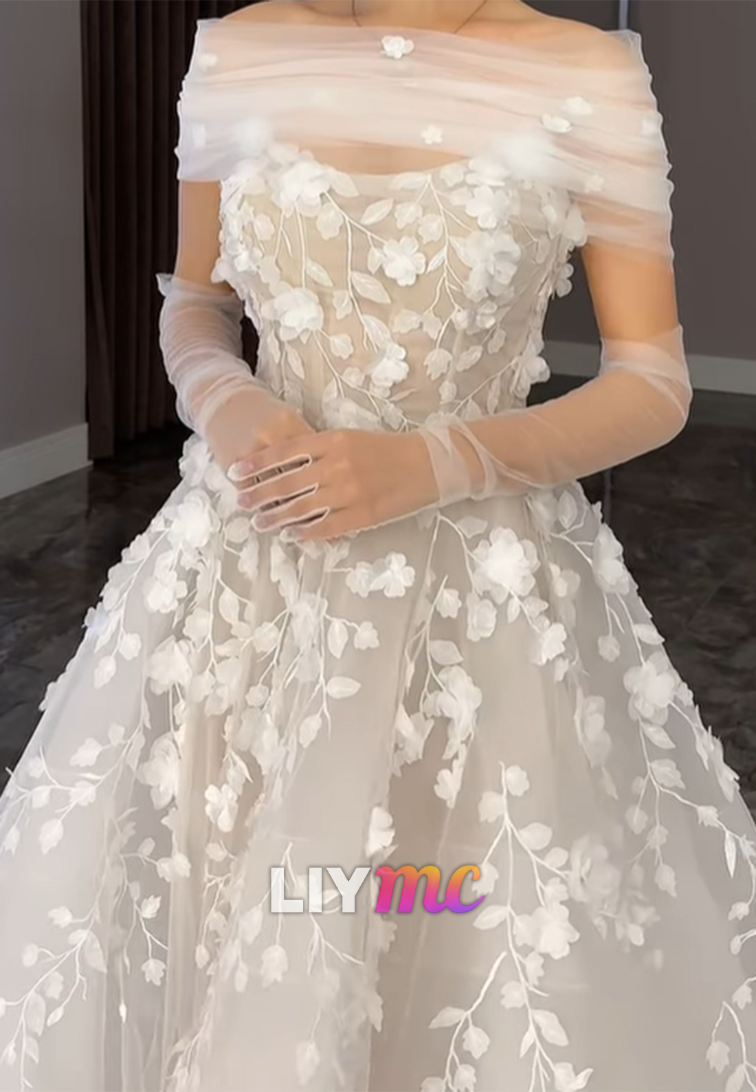 Floral Applique Ball Gown Wedding Dress Long Sleeves