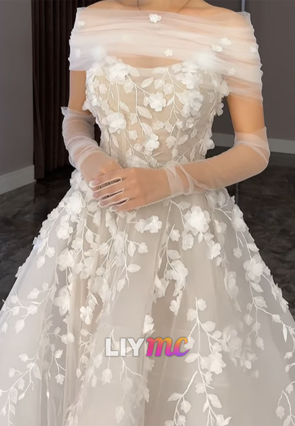 Floral Applique Ball Gown Wedding Dress Long Sleeves