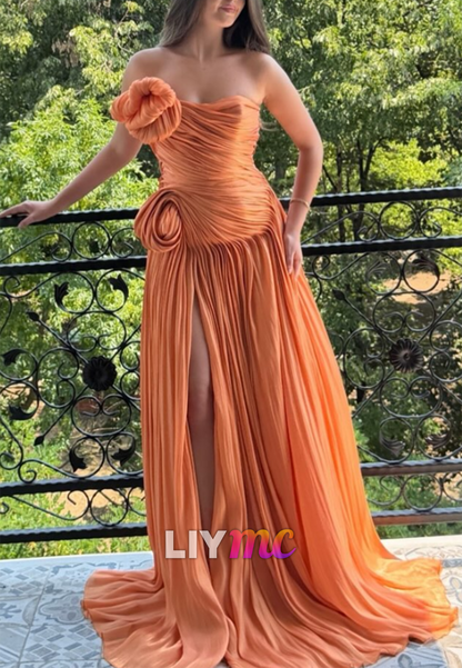 Strapless Pleated Satin Gown with 3D Rosette Detail