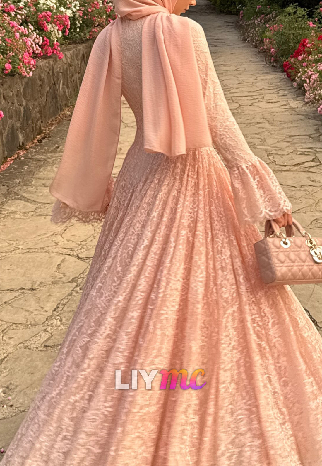 High Neck Lace A-Line Gown with Bell Sleeves