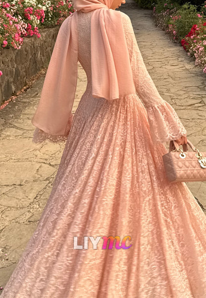 High Neck Lace A-Line Gown with Bell Sleeves