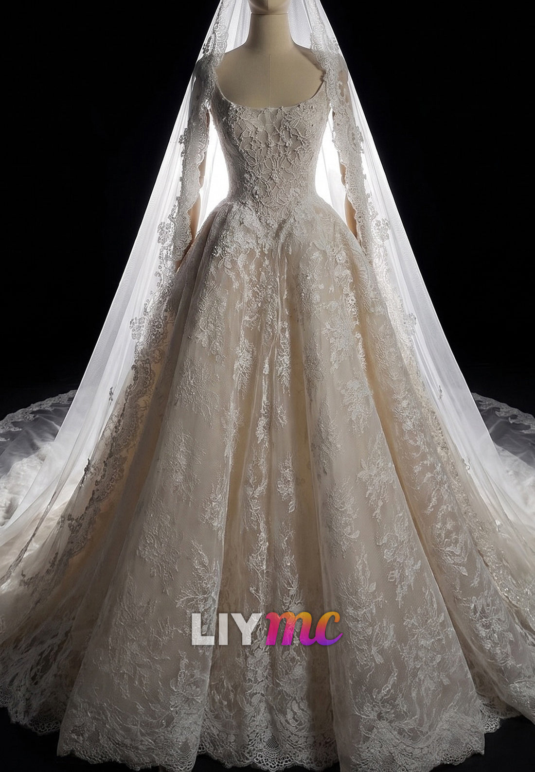 Beaded Lace Long Sleeve Ball Gown Wedding Dress