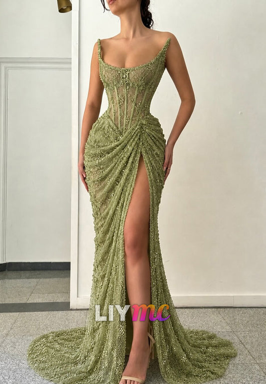 Beaded Corset Evening Dress with High Slit