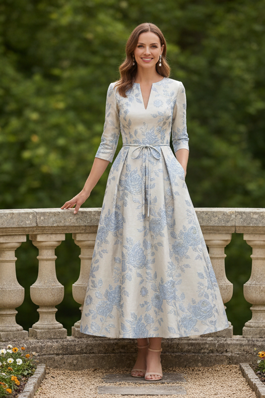 Floral Jacquard A-Line Midi Dress with 3/4 Sleeves