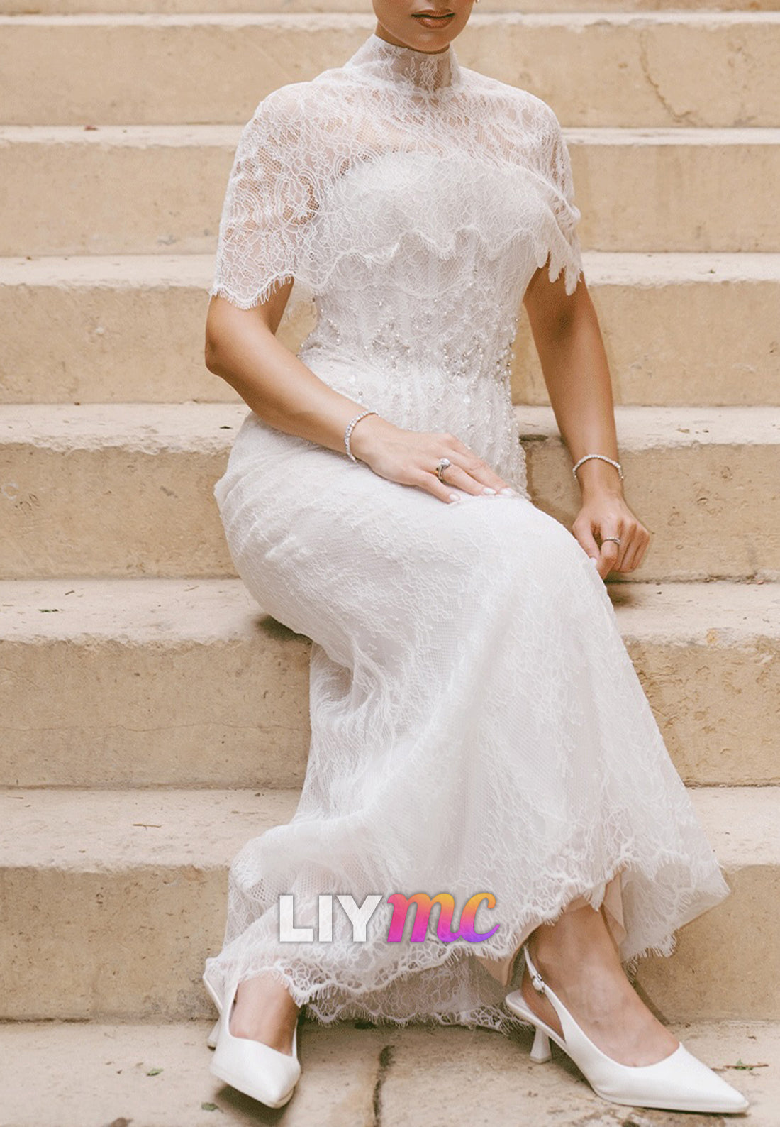 High Neck Lace Sheath Wedding Dress with Capelet