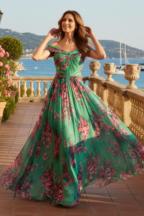 Off-the-Shoulder Floral Chiffon A-Line Gown
