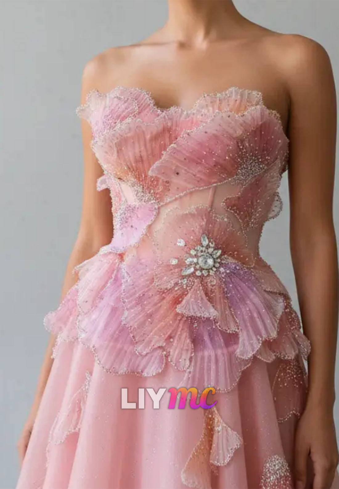 Strapless Pleated 3D Floral Corset Ball Gown