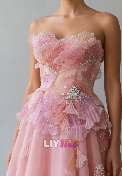 Strapless Pleated 3D Floral Corset Ball Gown