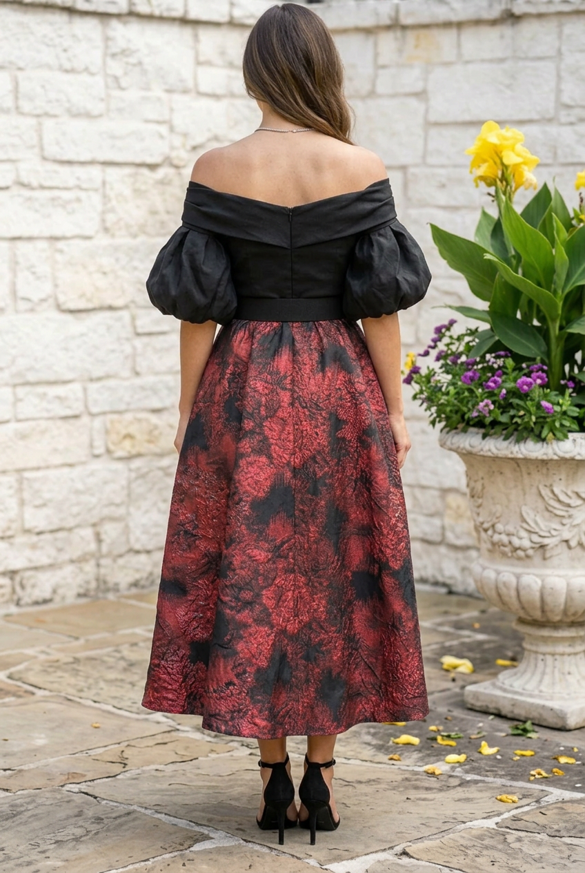 Off-Shoulder Brocade A-Line Evening Dress