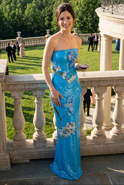 Strapless Floral Applique Sequin Column Gown